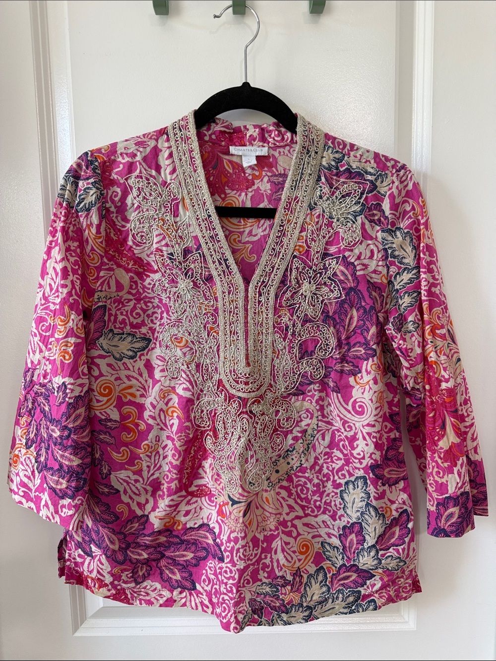 Charter Club Embroidered 3/4 Sleeve Tunic *Bright Pink Floral Paisley Print